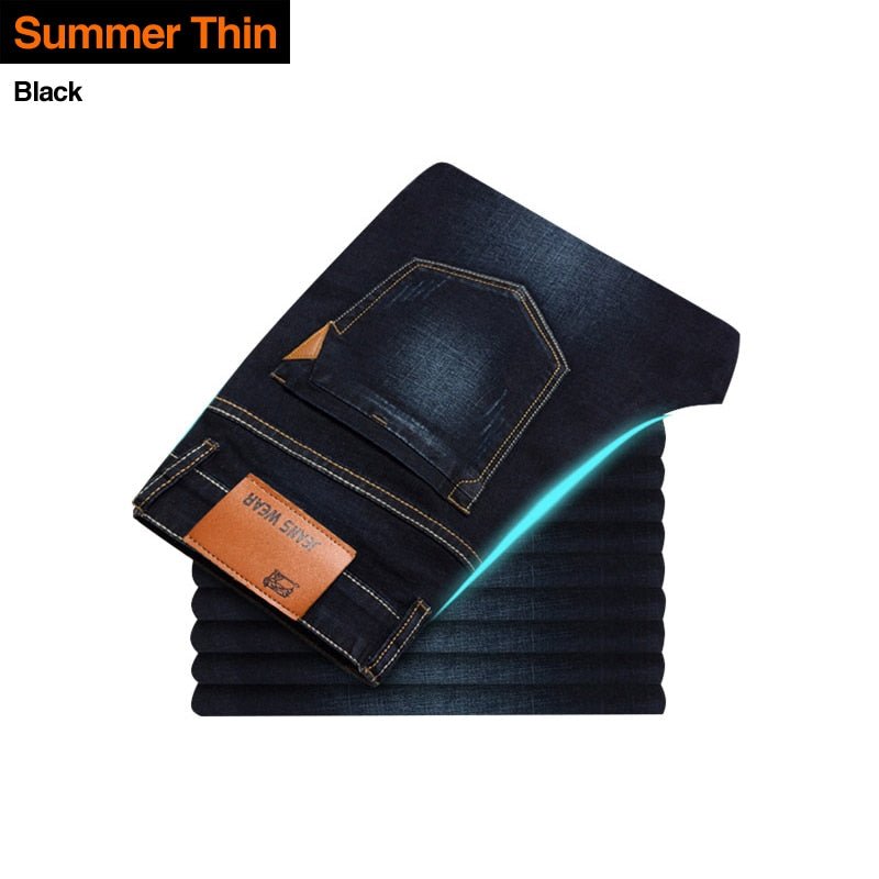 Brother Wang Classic Style Men Brand Jeans Business Casual Stretch Slim Denim Pants Light Blue Black Trousers Male