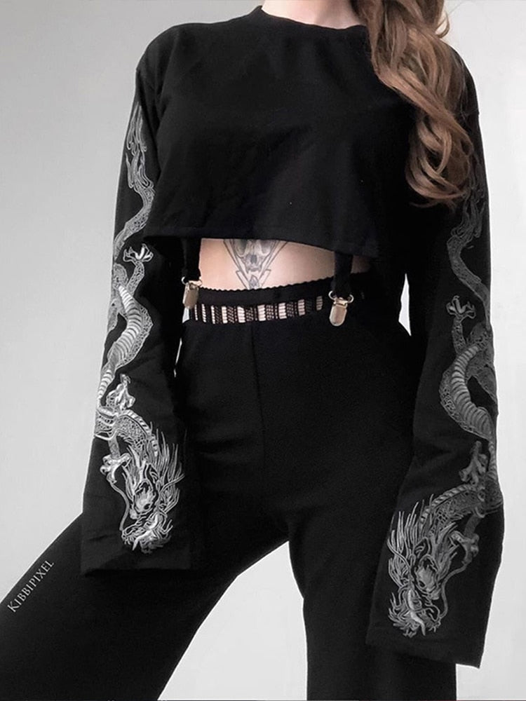 InsGoth Schwarzes Crop Top Hoodie Damen Sweatshirt Gothic Punk Grunge Dragon Printed Harajuku Loose Sweatshirt Pullover Female Top