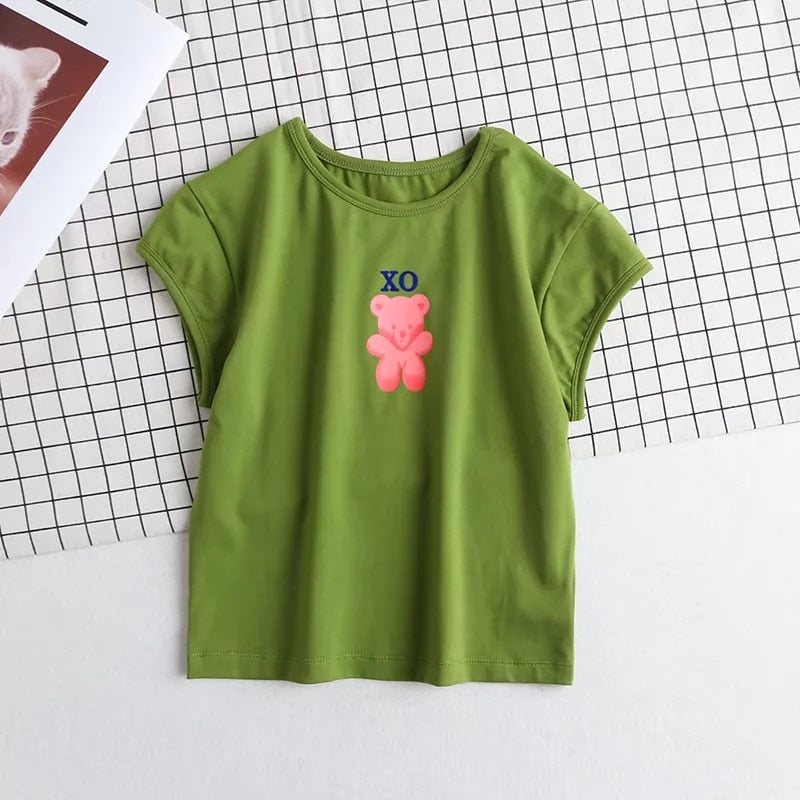 Women Bear Print Crop Tee Short Sleeve Slim Fit T-shirt