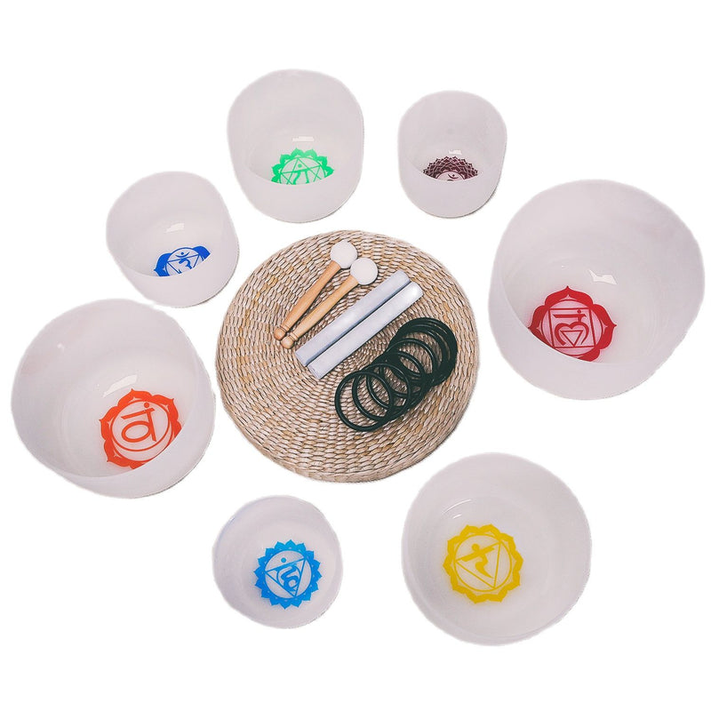 Chakra set of 7 PCS 7"-12" Note CDEFGAB Frosted Quartz Crystal Singing Bowls 432Hz with free 12" 11"carry bags