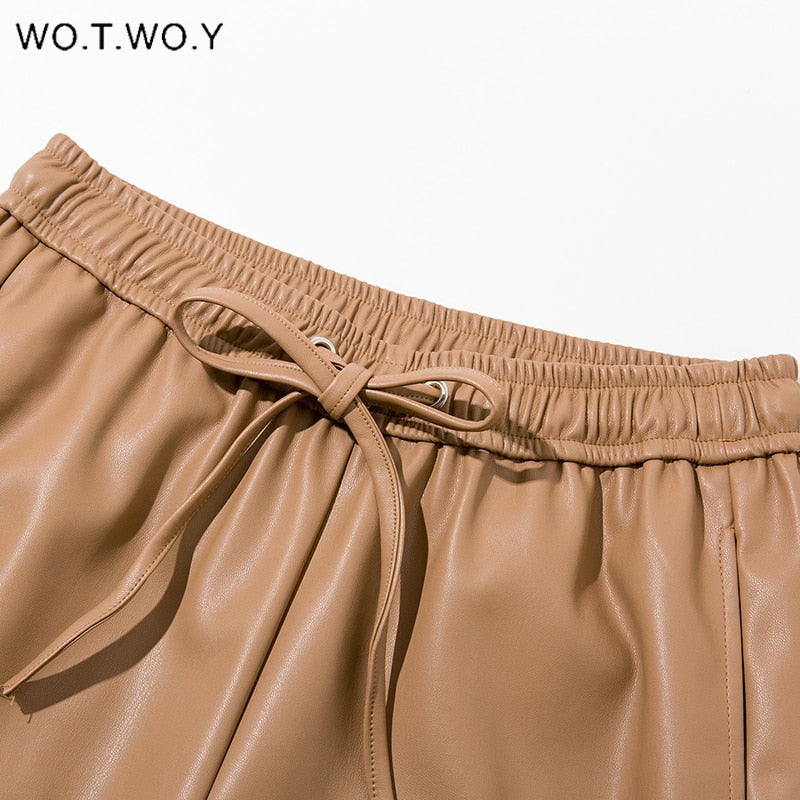 WOTWOY High Waist Spliced Loose Leather Pants Women Autumn Solid Drawstring PU Leather Trousers Women Straight Pants Female 2021