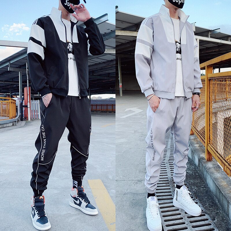 2023 Hip Hop Workwear jacket Mens Tracksuit Jacket+Pants 2PC Sets baseball loose Zipper Ribbons Coat &amp; Long Pants Mens Clothes