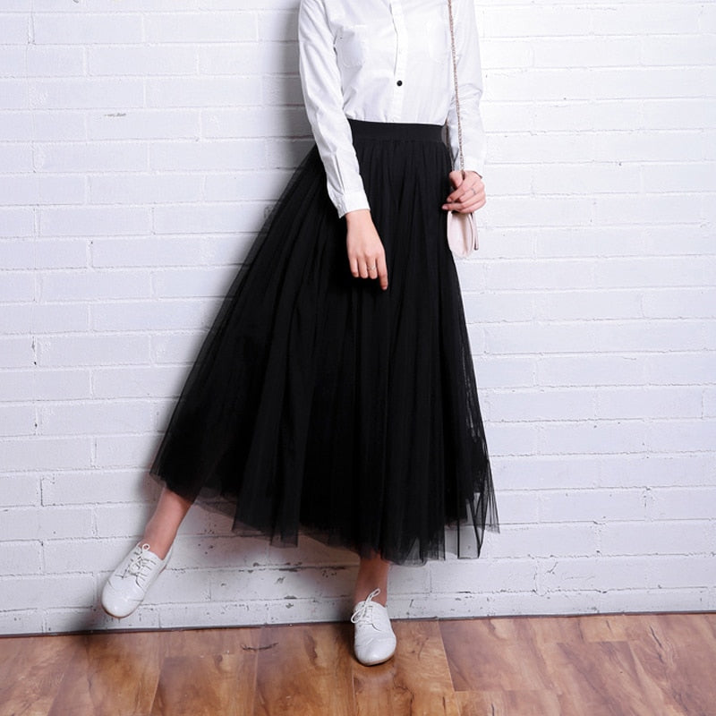 OHRYIYIE 2023 Spring Summer Vintage Long Tulle Skirt Women Elastic High Waist Mesh Skirts Pleated Tutu Skirt Female Jupe Longue