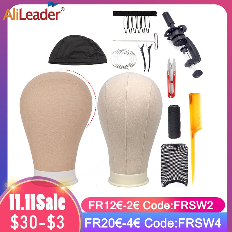 Alileader Training Mannequin Head Canvas Block Head Display Styling Mannequin Manikin Head Wig Stand Free Get T Needle Holder