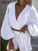 Women Casual Loose V Neck Crop Top And Straight Shorts Two Piece Set Female Solid Lace Up Long Sleeve Shirts Tops And Shorts Set