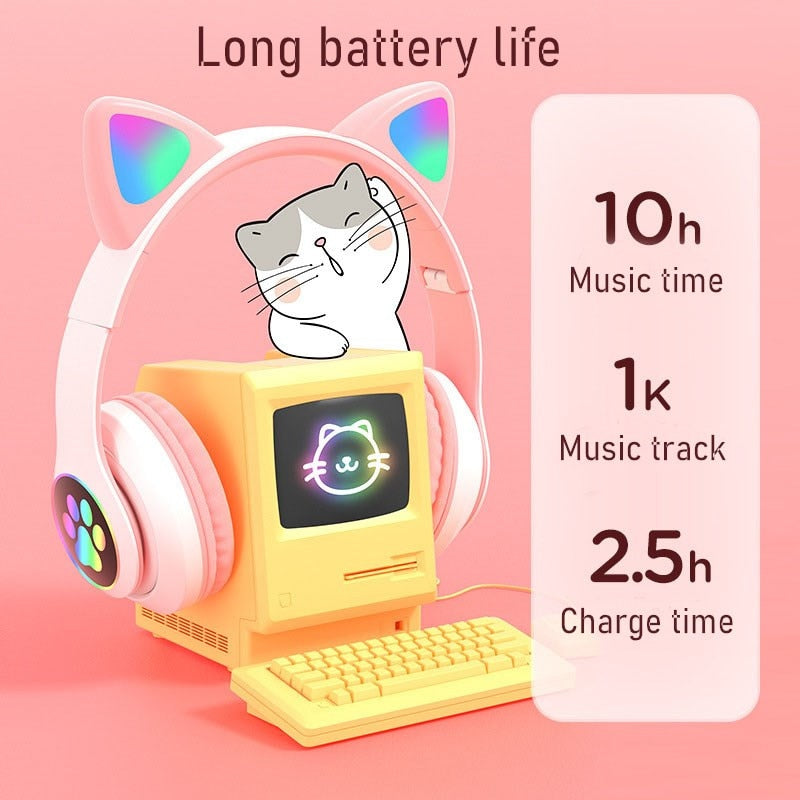 Flashing LED Cute Cat Ears Headphones Bluetooth Wireless Headset with Mic TF FM Kid Girl Stereo Music Earbud Kitten Earphon Gift