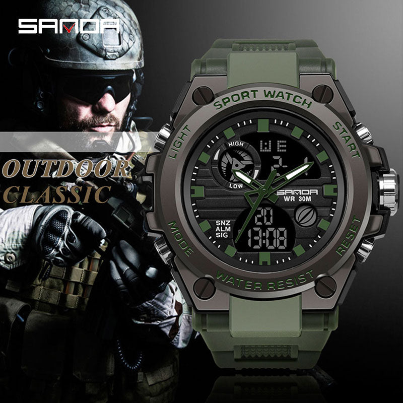 Reloj de pulsera de marca SANDA, relojes para hombre, reloj de pulsera de estilo deportivo militar, reloj de pulsera de doble pantalla para hombre, reloj resistente al agua, horas