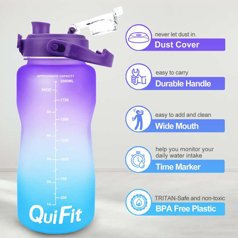 QuiFit 2L 64OZ Half Gallon Motivational Water Bottle With Time Marker Flip-Flop BPA Free Portable Sports Phone Stand GYM Jug