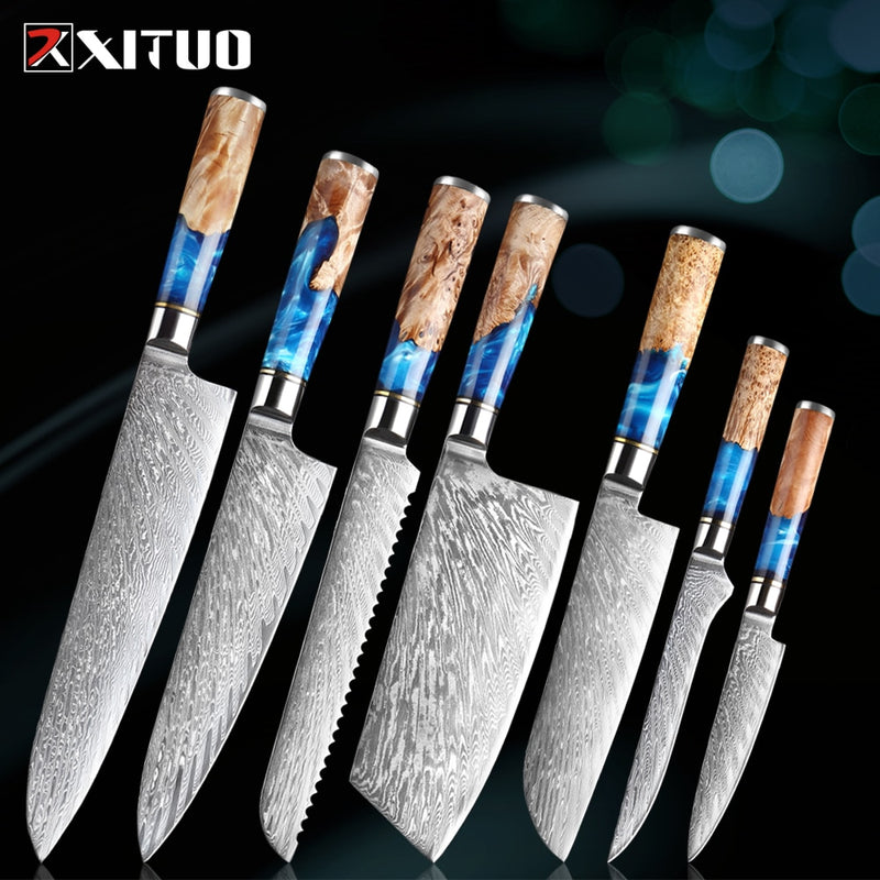 XITUO Küchenmesser-Set Damaskus-Stahl Kochmesser Cleaver Schälwerkzeug Allzweck-Brotmesser Kochwerkzeug Blauer Harzgriff 1-6 Teile/Set