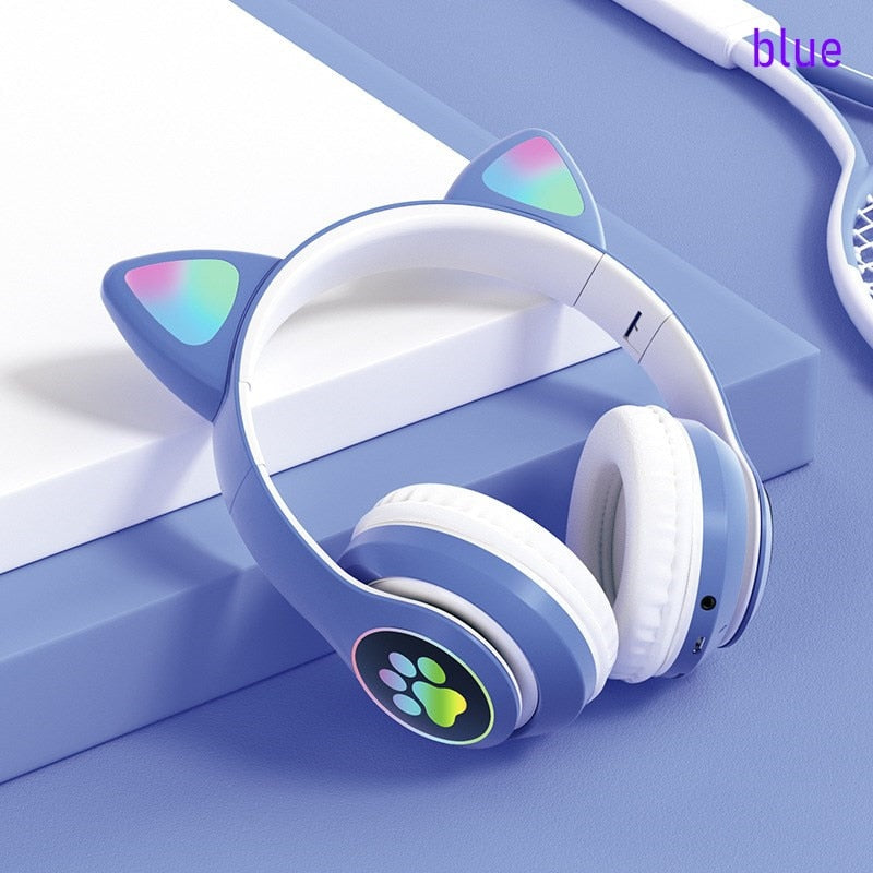 Flashing LED Cute Cat Ears Headphones Bluetooth Wireless Headset with Mic TF FM Kid Girl Stereo Music Earbud Kitten Earphon Gift