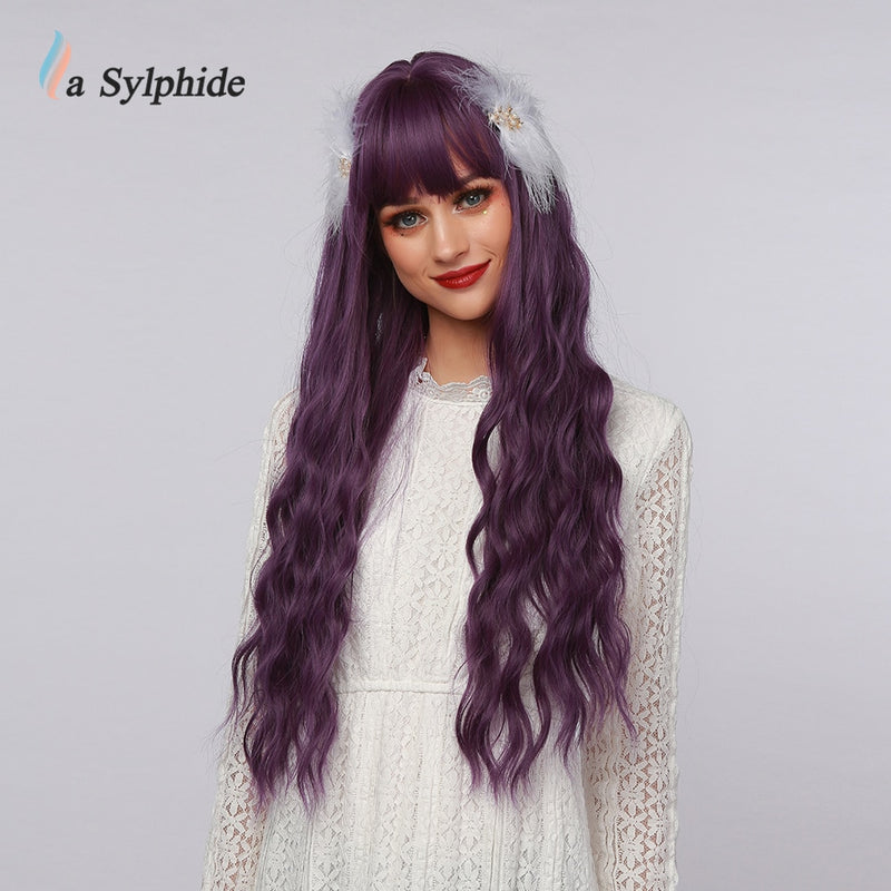 La Sylphide Halloween Cosplay Lolita Wig Long Nature Wave Purple Synthetic Hair Wigs with Bangs for Woman Heat Resistant Fiber