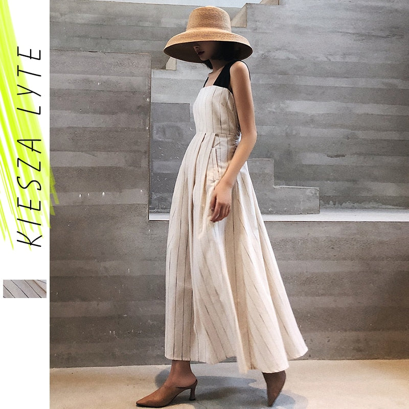 Women Stripes Dress Cotton and Linen High Waist Swing Vintage Pocket Cross Back Party Casual Dresses Vestidos Good Quarlity