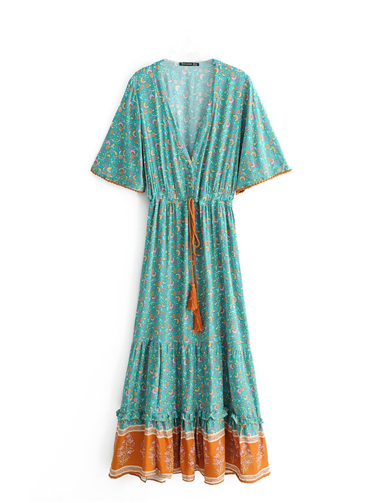 Vintage Chic Fashion Damen Blumendruck V-Ausschnitt Rayon Beach Bohemian Maxikleid Damen V-Ausschnitt Quaste Sommer Boho Kleider Robe