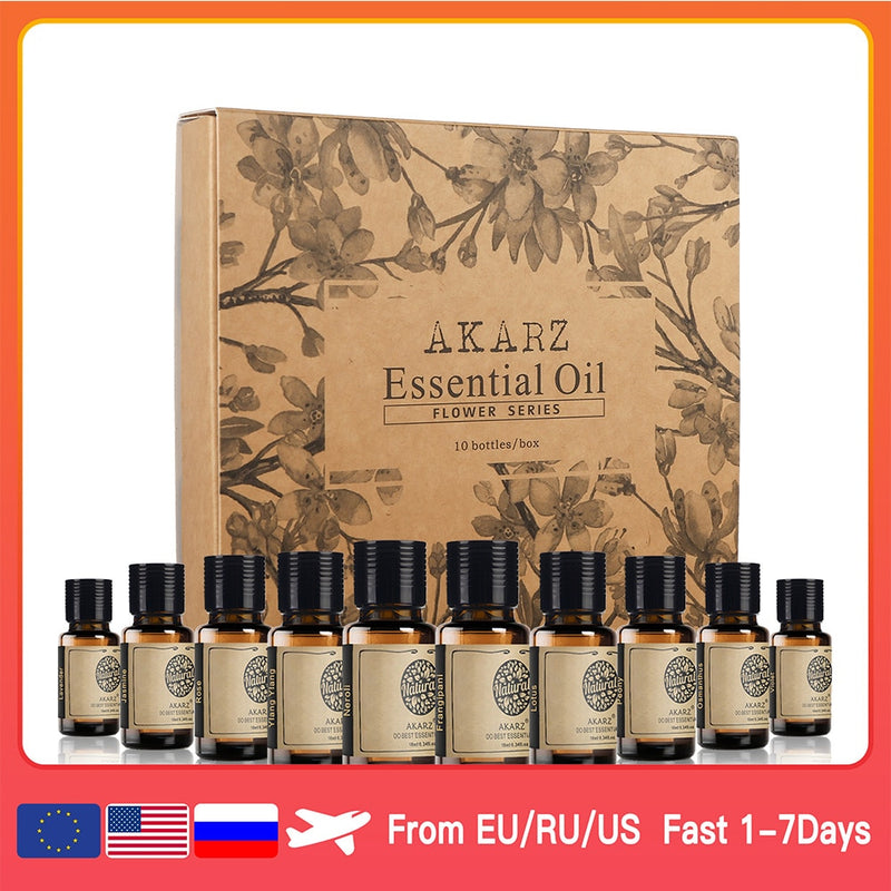 AKARZ Flower Serie 10 Sets Lavanda Jazmín Rosa Ylang Neroli Frangipani Lotus Peony Osmanthus Violeta Aceite Esencial