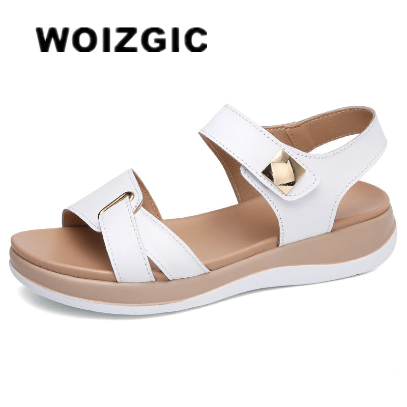 WOIZGIC Women Female Ladies Mother Genuine Leather Shoes Sandals Flats Soft Hook Loop Korean Bling Summer Beach Size 35-40