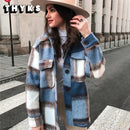 Autumn Winter Plaid Jackets Wool Blend Coat Fashion Button Thick Vintage Casual Office Warm Overshirt Ladies Outwear Chic Tops