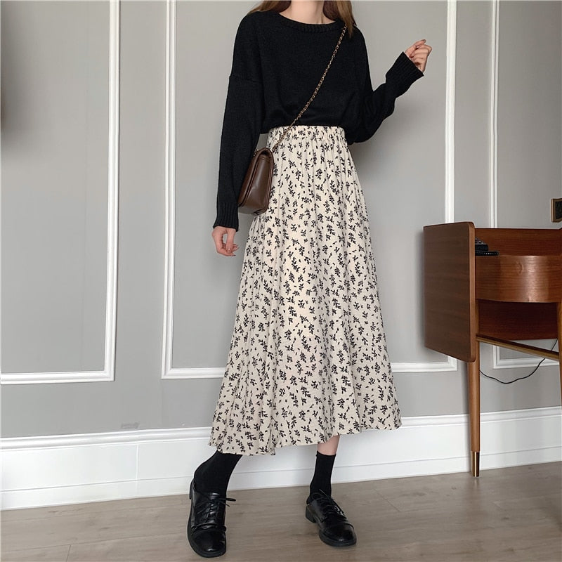 2023 Spring Vintage Floral Print Ruffle Pleated Long Skirts Women Korean Skirt Streetwear Drawstring Elastic Waist Midi Skirt