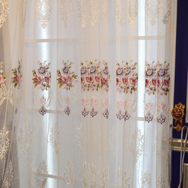 European Luxury Sheer Gauze Curtain For Living Room Flocking Water-Soluble Embroidered Tulle For Wedding Home Decoration Voile