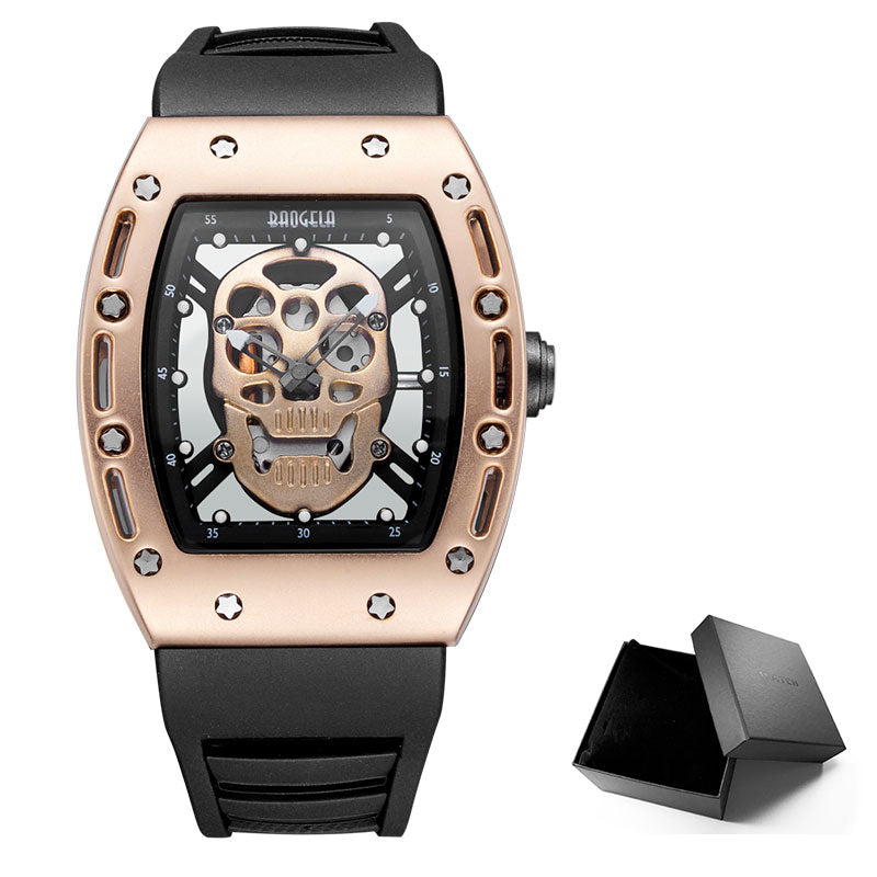 Baogela Fashion Mens Skeleton Skull Luminous Quartz Watches Military Style Black Silicone Rectangle Dial Armbanduhr für Man1612