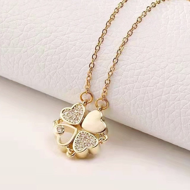 New Design Heart Four-leaf Clover Magnetic Pendant Necklace for Women Girls Fashion Zircon Titanium Steel Christmas Gift Jewelry