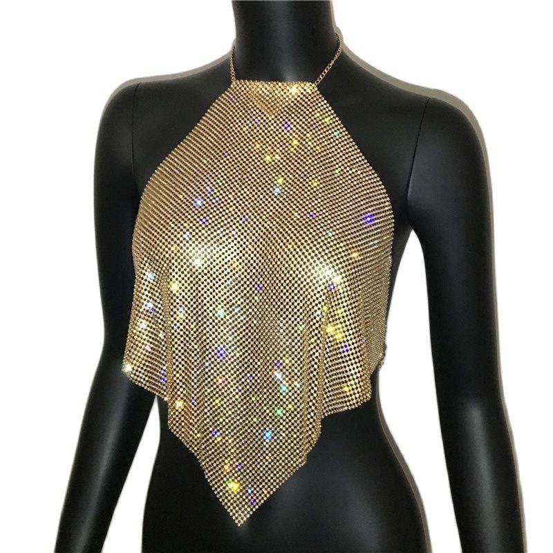 AKYZO Women Luxury Handmade Rhinestones Camis Backless Metal Chain Nightclub Tops Summer Party Club Gold Diamond Tank Tops