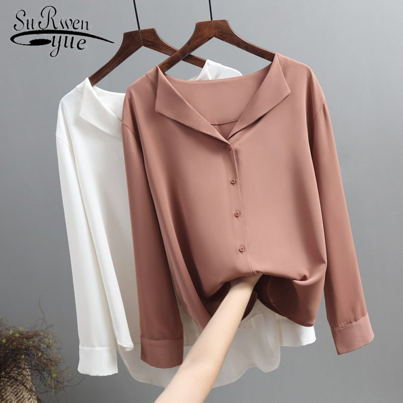 Casual Solid Female Shirts Outwear Tops 2021 Spring New Women Chiffon Blouse Office Lady V-neck Button Loose Clothing 5104 50