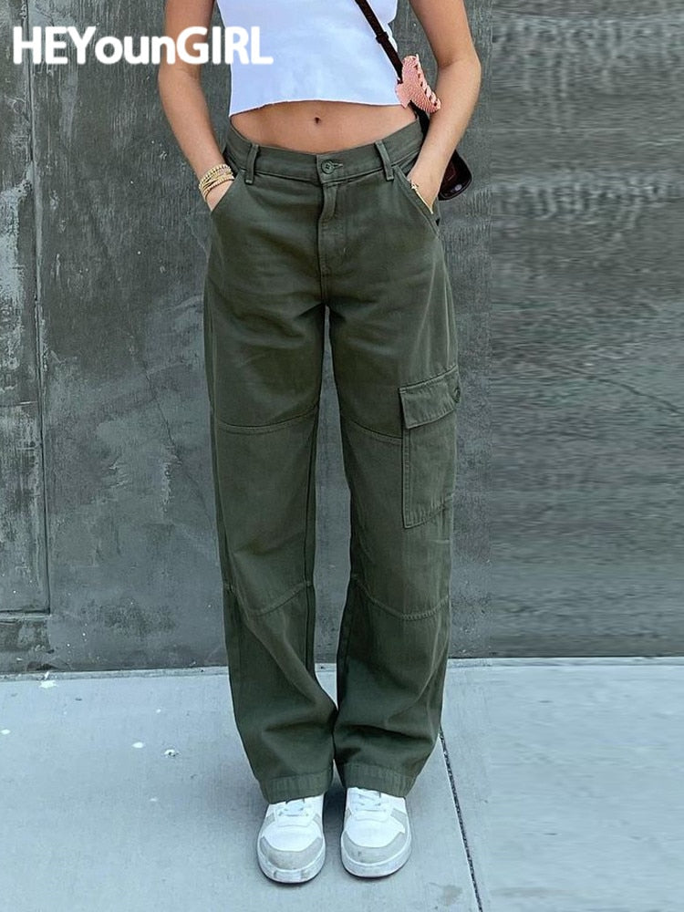 HEYounGIRL Casual Vintage verde Cargo pantalones mujer moda algodón cintura alta Jeans ejército militar Denim Pantalones señoras bolsillos