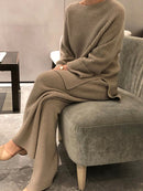 SMTHMA New Fashion Winter Women's Thicken Warm Knitted Pullover Sweater Two-Piece Suits +High Waist Loose Wide Leg Pants Set