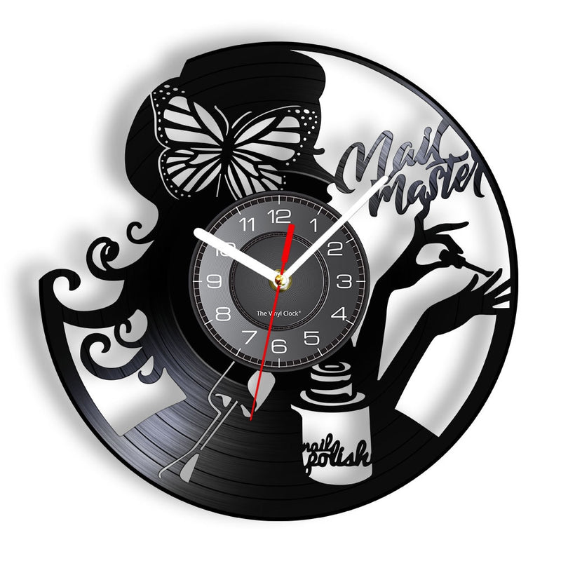 Reloj de pared con diseño de manicura, tienda de belleza a la moda, arte de pared, salón de uñas, disco de vinilo, reloj de pared, belleza de uñas, decoración del hogar, regalo para ella