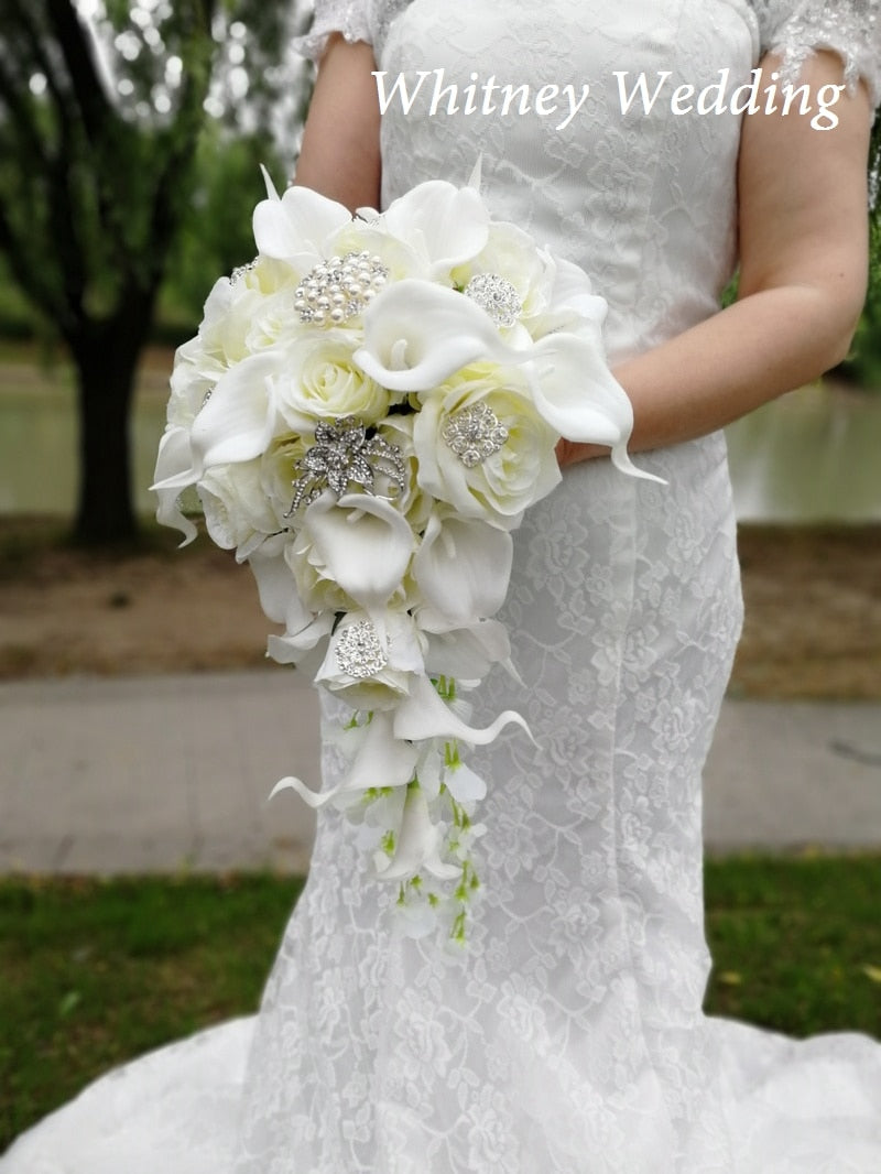 New Waterfall Ivory Cascading Flowers Calla Bridal Bouquets Artificial Pearls Crystal Wedding Bouquets Bouquet De Mariage Rose