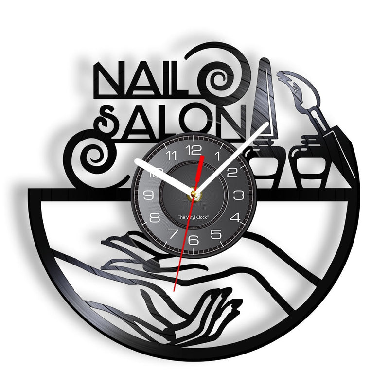 Reloj de pared con diseño de manicura, tienda de belleza a la moda, arte de pared, salón de uñas, disco de vinilo, reloj de pared, belleza de uñas, decoración del hogar, regalo para ella