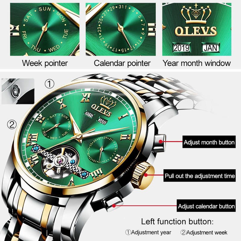 OLEVS Automatic Mechanical Men Watches Stainless Steel Waterproof Date Week Green Fashion Classic Wrist Watches Reloj Hombre