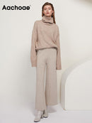 Aachoae Elegant Solid Knitted Two Piece Set Women Turtleneck Batwing Long Sleeve Loose Sweater Full Length Casual Wide Leg Pants
