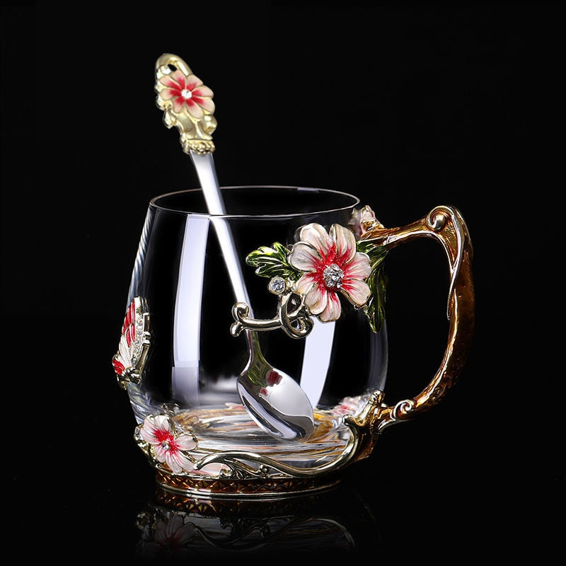 Taza de café esmaltada de belleza y novedad, tazas de cristal de té con flores para bebidas frías y calientes, juego de cuchara y taza de té, regalo de boda perfecto