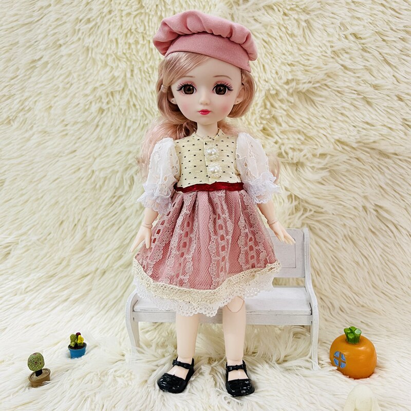 New 12 Inch 22 Movable Joints BJD Doll 31cm 1/6 Makeup Dress Up Cute Brown Blue Eyeball Dolls with Fashion Dress for Girls Toy