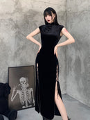 InsGoth Retro Cheongsam Black Dress Goth High Waist Bandage Patchwork  Midi Dress Women Elegant Bodycon Short Sleeve Party Dress
