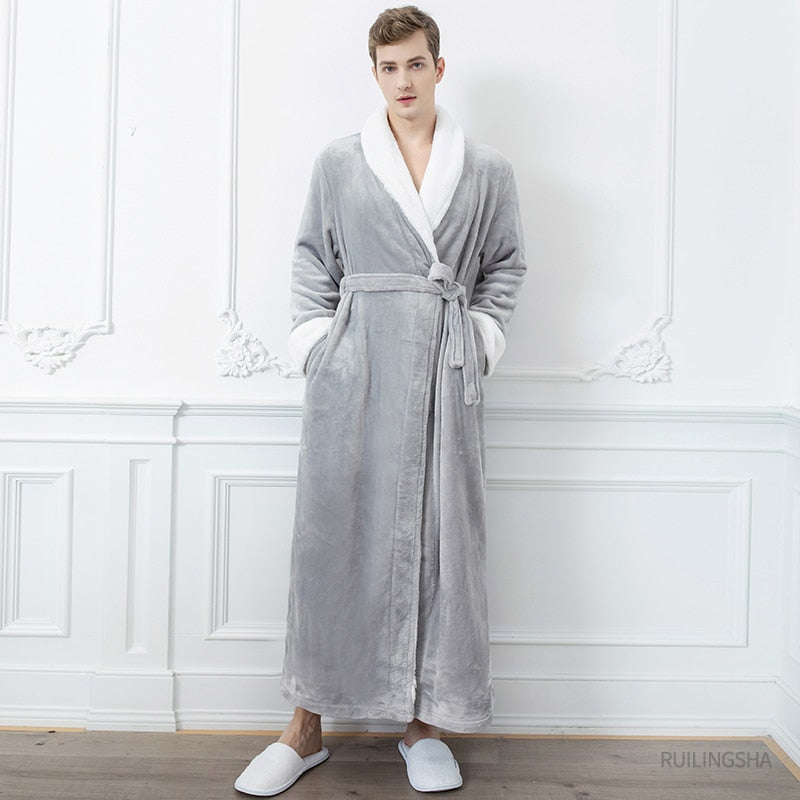 Men Winter Plus Size Long Coral Fleece Bathrobe Kimono Warm Flannel Bath Robe Men Cozy Robes Night Sleepwear Women Dressing Gown