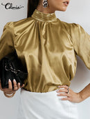 Celmia Women Satin Blouse 2023 Fashion Elegant Tunic Slik Tops Autumn Solid High Collar Shirt Long Sleeve Party Blusas Femininas