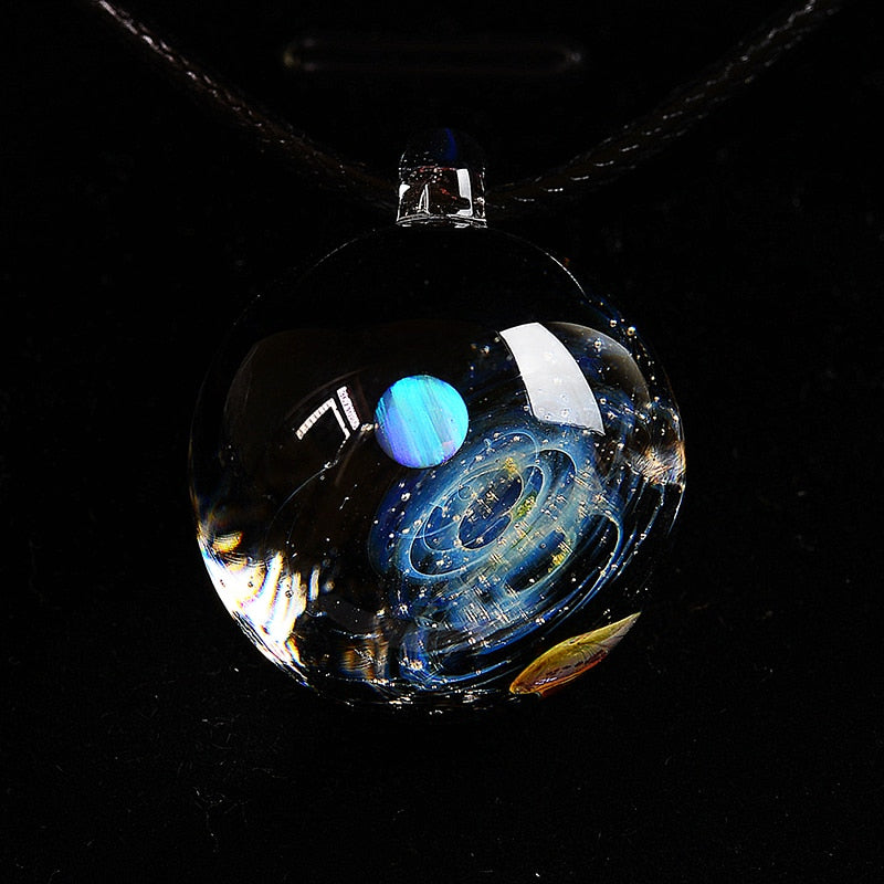 BOEYCJR Unique Opal Stone Universe Glass Planets Pendant Necklace Galaxy Rope Chain Solar System Necklace for Women Gift