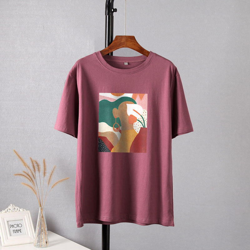 Hirsionsan Aesthetic Printed T Shirts Women 2021 New Soft Vintage Loose Tees Abstract Graphic Cotton Tshirts Summer Casual Tops