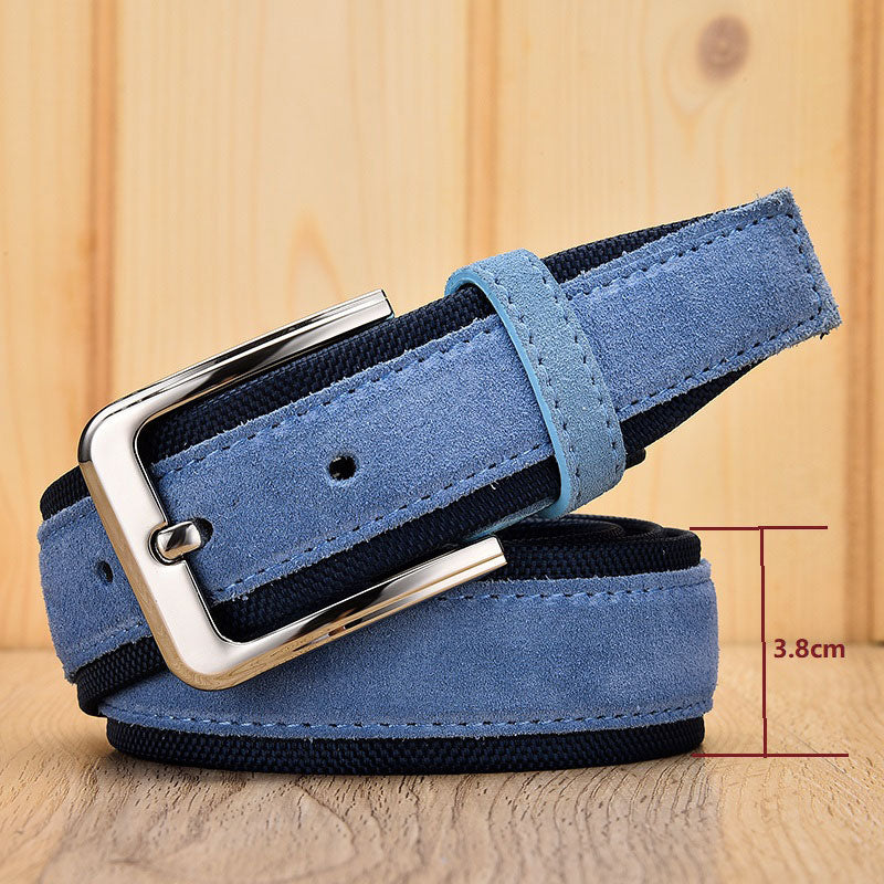 Cinturón de cuero de gamuza para hombre con correa de tela Oxford Cinturones azules de hebilla de lujo de cuero genuino para hombres 3.5 cm y 4.0 cm de ancho