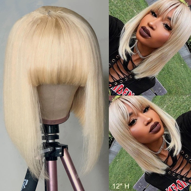 Glueless Short Human Hair Perücken mit Pony BEAUDIVA doheroine Blond Gelb Lila Brasilianisches glattes Haar Blonde kurze Bob-Perücken