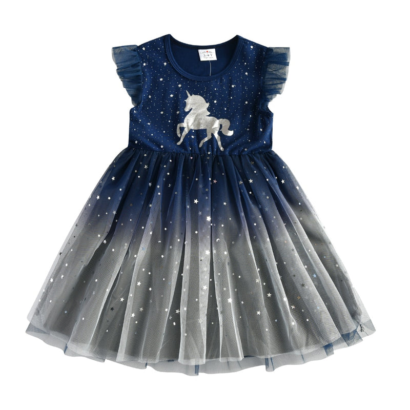 DXTON Mädchen Kleidung für Sommer Prinzessin Kleider Kinder Flare Ärmel Einhorn Druck Kleid Mädchen Party Kleider Kinder Kleidung 3-8 Jahre