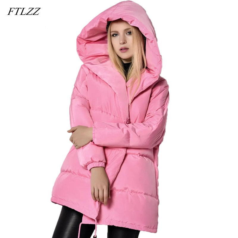 FTLZZ Winter Women Jackets 90% White Duck Down Parkas Loose  Hooded Coats Medium Long Warm Casual Pink Snow Outwear