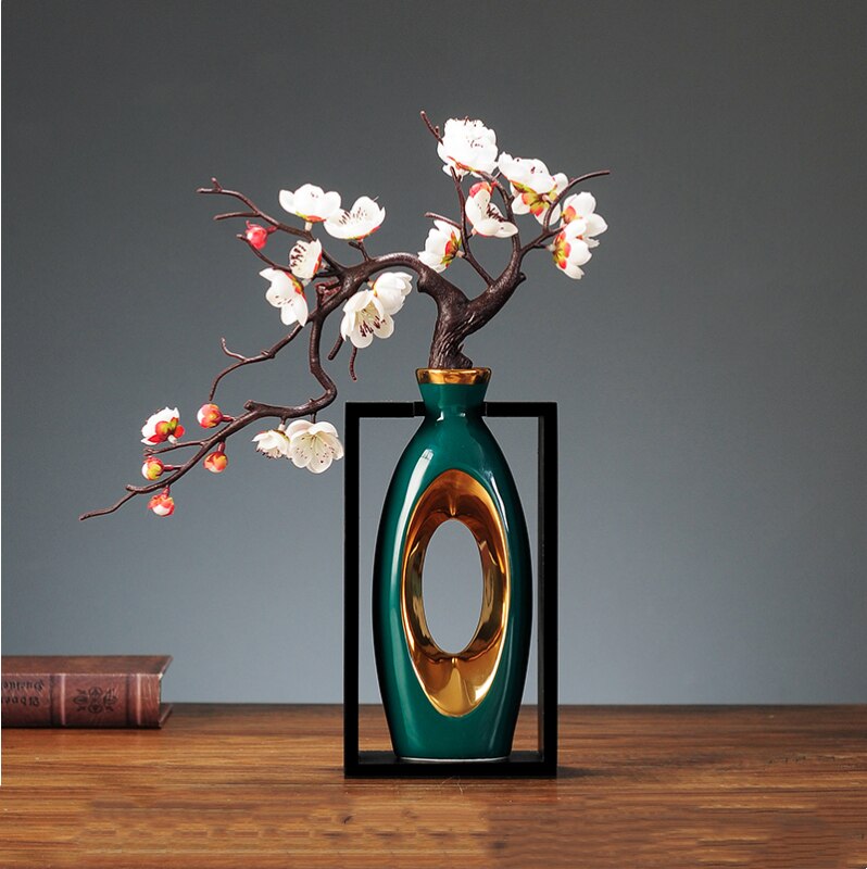 Chinesischer Stil Kreativität Keramikvase Holzrahmen Retro durchbrochene Vase Moderne Blumenarrangement Dekoration Blumenvasen