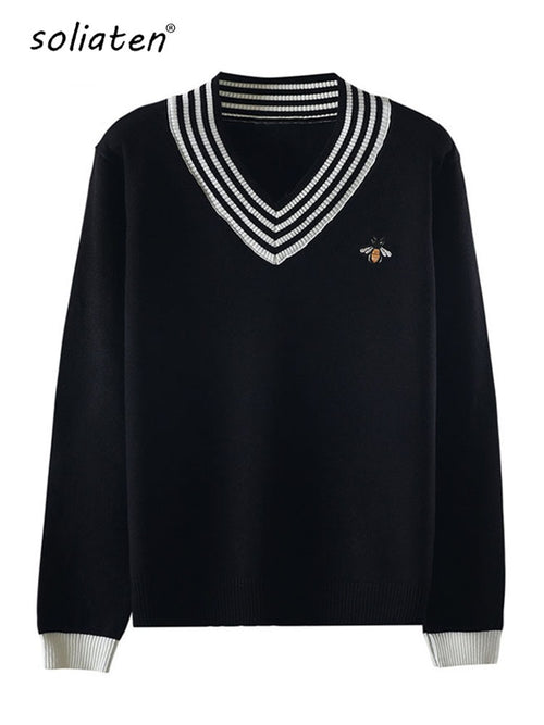 European Style Spring Autumn Women Bee Embroidery Sweater Elegant V-neck Knitted Loose Striped Long Sleeve Pullover  C-019