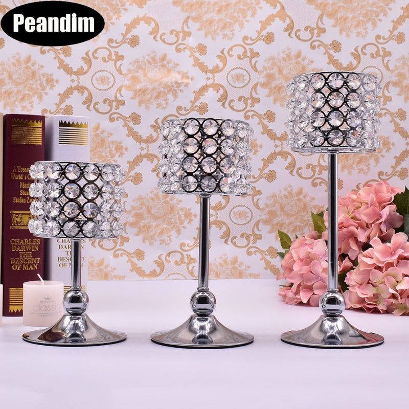 Peandim 3pcs Silver Gold Plated Candlestick Crystal Candelabra Centerpiece Wedding Decoration Romantic Center Table Candlesticks