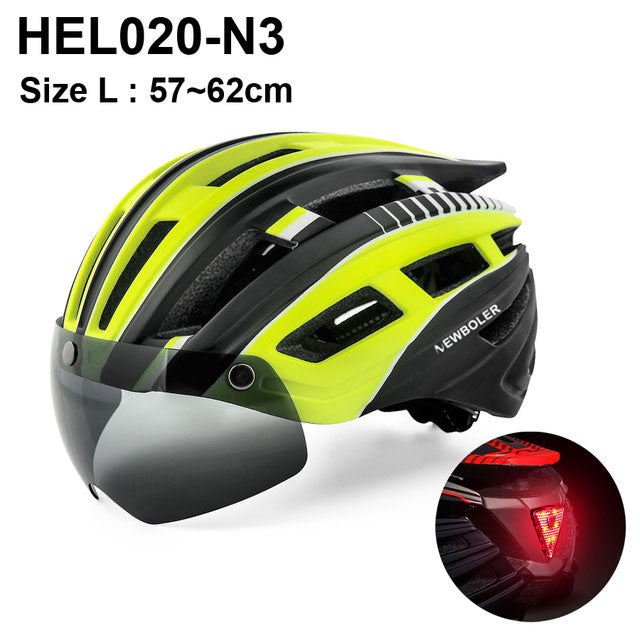 Casco de ciclismo NEWBOLER para hombre y mujer, casco con luz LED, lente para casco de bicicleta de montaña y carretera para montar en bicicleta, deportes, monopatín, Scooter