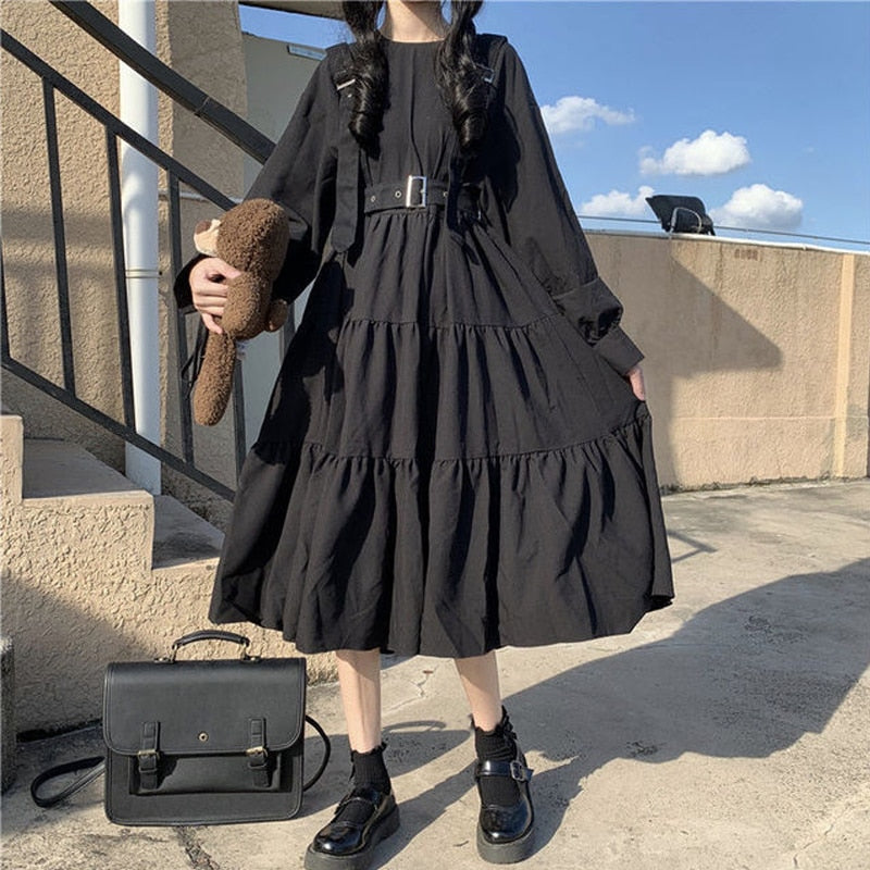 QWEEK Gothic Style Kleid Damen Harajuku Gothic Lolita Goth Kawaii Kleid Punk Niedlich Langarm Schwarz Midikleid 2021 Emo Oversize
