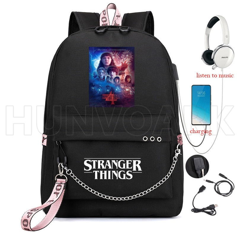 New Stranger Things Rucksack HELLFIRE Multifunktions-USB-Lade-Reise-Segeltuch-Studenten-Rucksack für Teenager Jungen Mädchen Schultasche